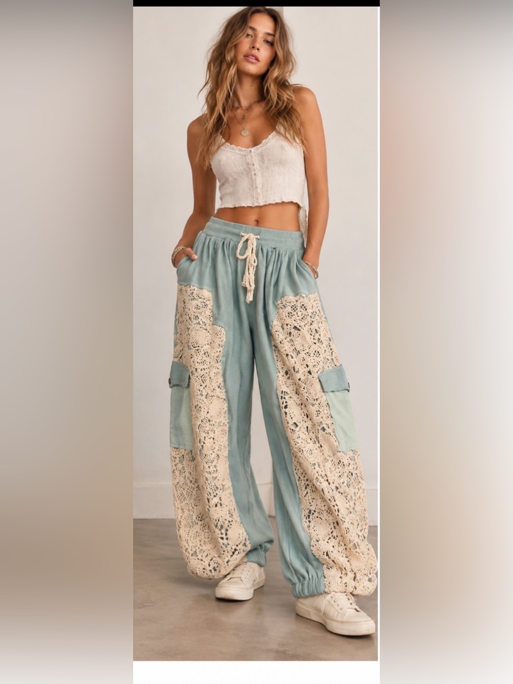 POL Blue Crochet Lace Cargo Harem Pants NWT L Boho Lagenlook Y2K